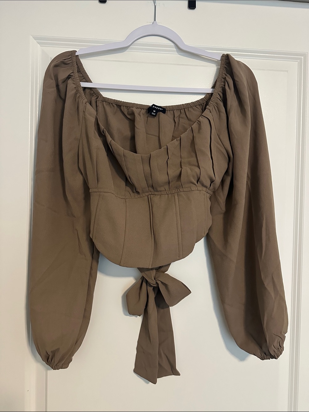 Dry Goods Taupe Tie-Front Peasant Blouse